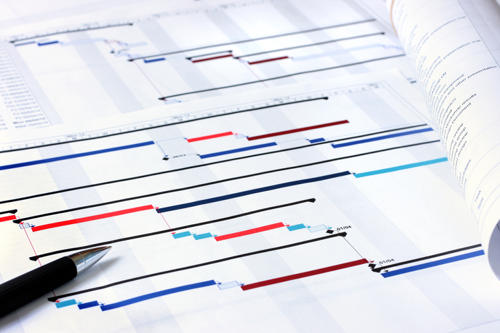 Project plan Gantt charts with shallow depth of field