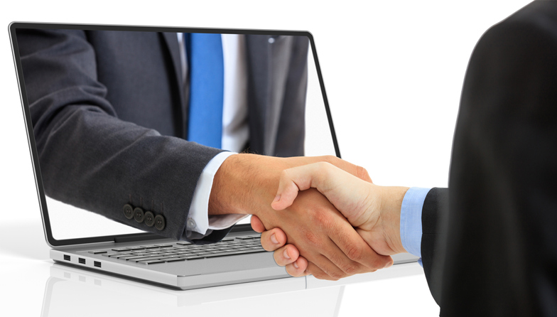 3d rendering men shaking hands through a laptop screen on white background